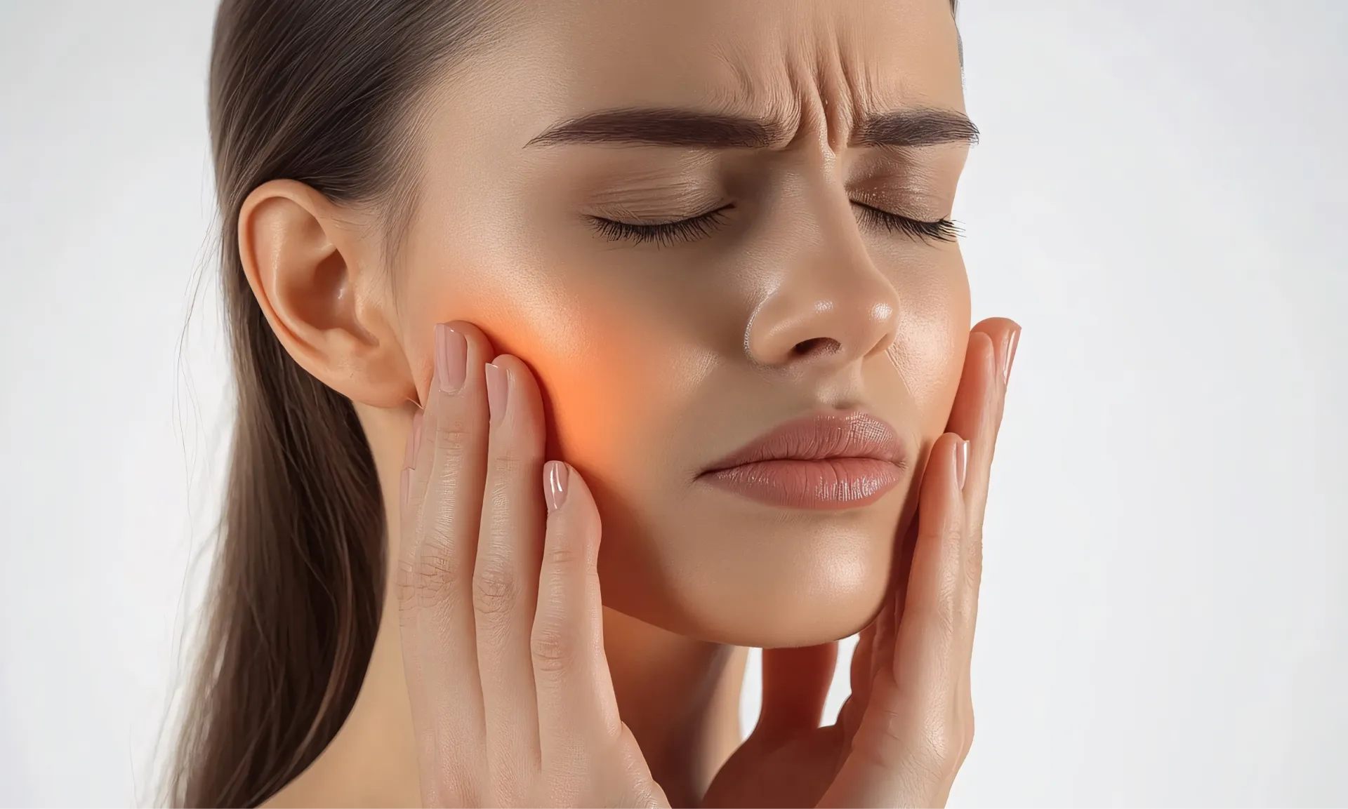 Woman Holding Her Jaw Due To TMJ Pain